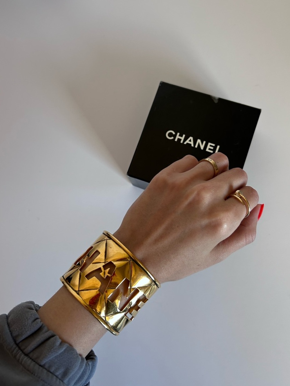 CHANEL Gold Quilted Logo Cutout Wide Cuff Bracelet RARE/COLLECTORS PIECE